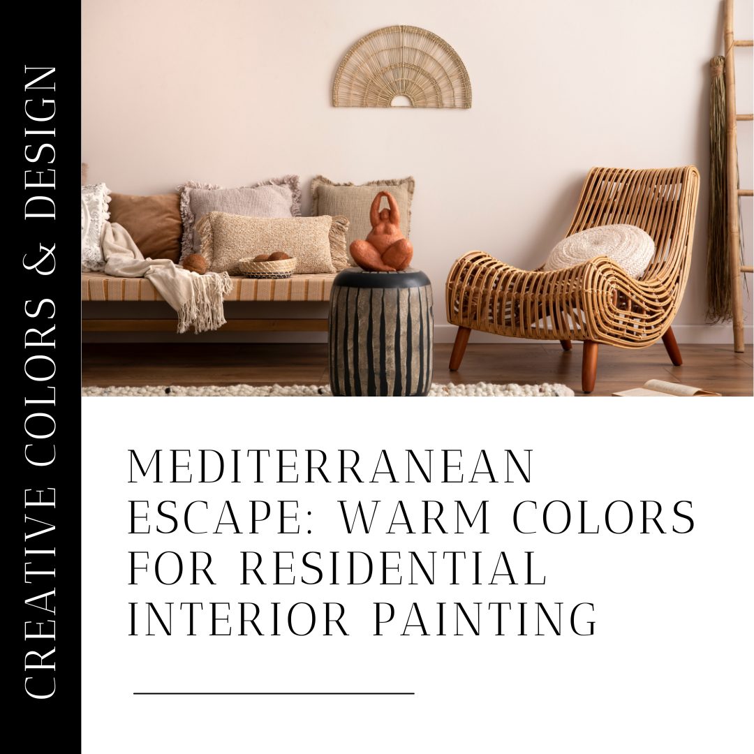 Mediterranean-style living room interior painted in warm colors, including terracotta, ochre, and soft olive, with textured accents and natural decor.
