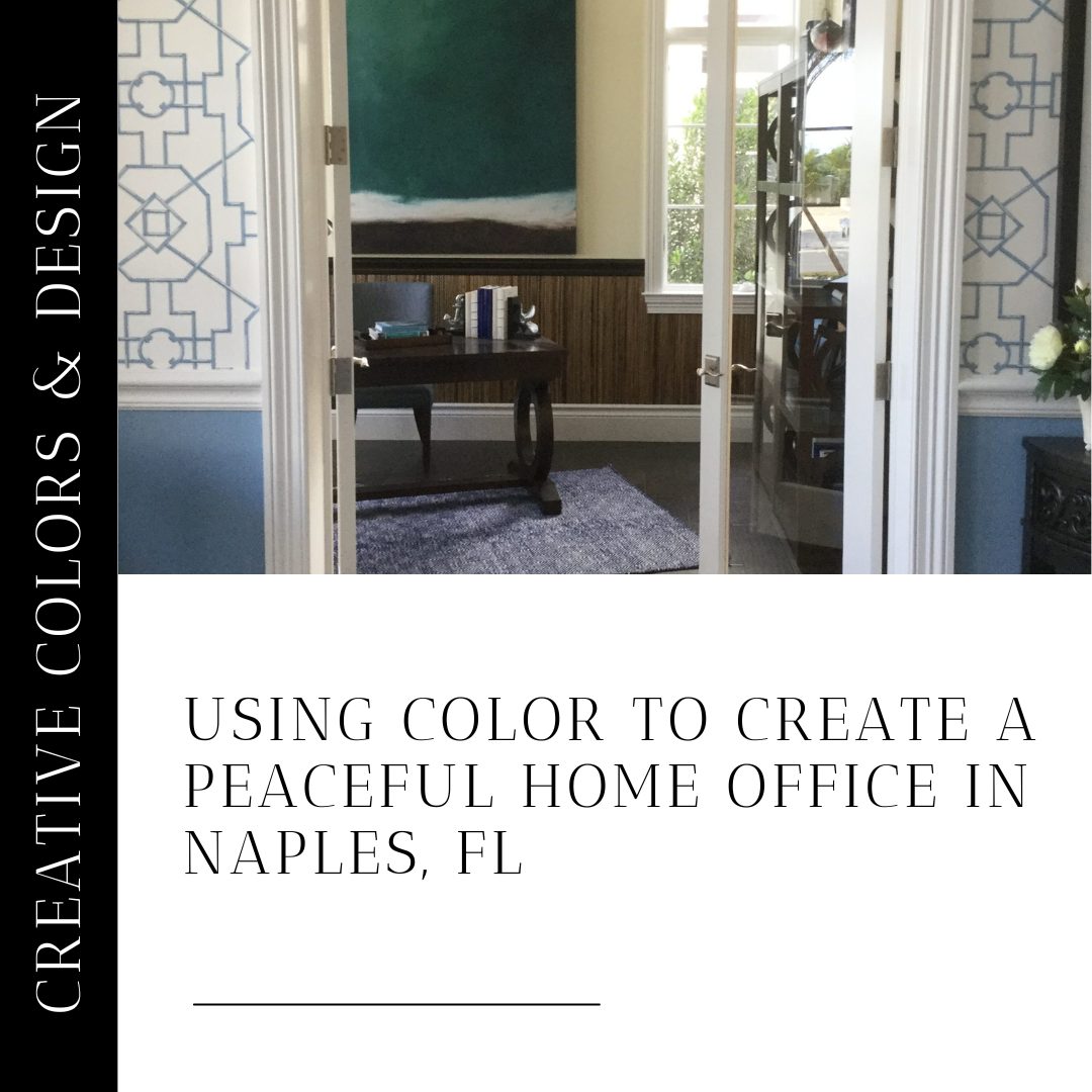 Peaceful home office interior painted in calming blues and neutral tones in Naples, Florida